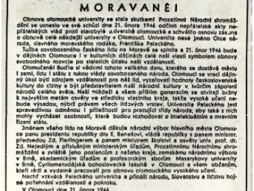 Provolání Národního výboru hlavního města Olomouce k obnově olomoucké univerzity ze dne 21. února 1947.